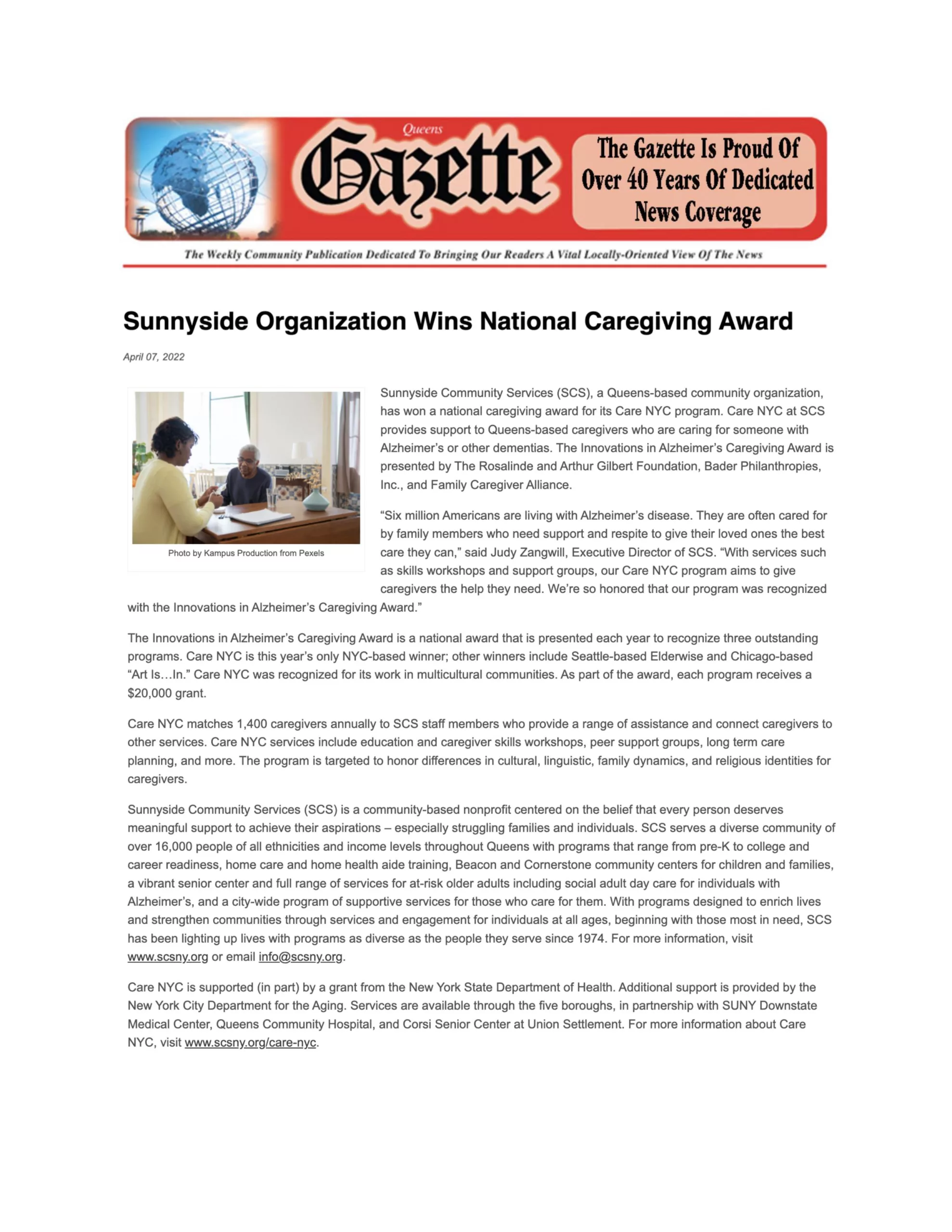 Queens Gazette: Sunnyside Organization Wins National Caregiving Award