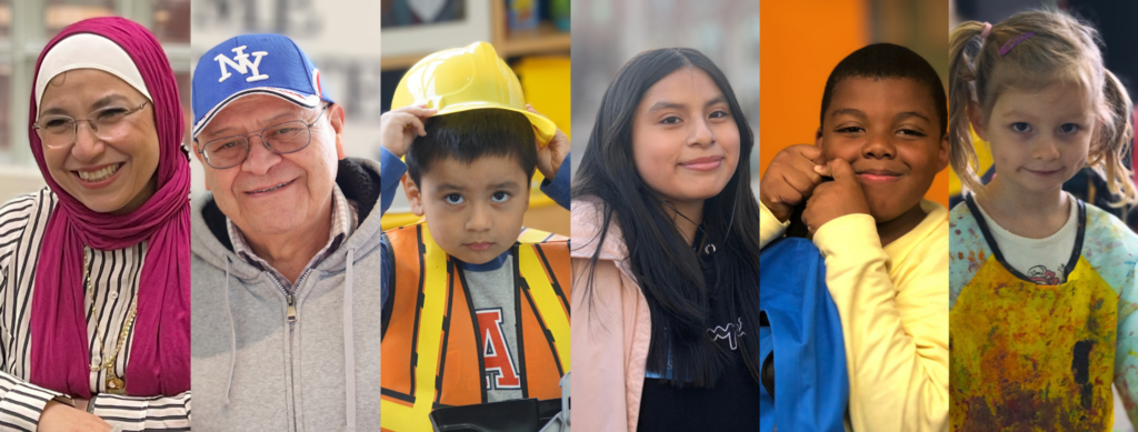 Photos of people: A young woman in hijab, an older gentleman in NY baseball cap, a young boy playing dress up, a young woman, a young boy with backpack, a young girl with smock.